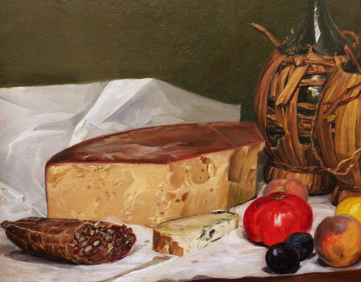 Josef Klemens KAUFMANN, Nature morte aux fruits et légumes, fromage, boîtes, vins et saucisson-photo-2