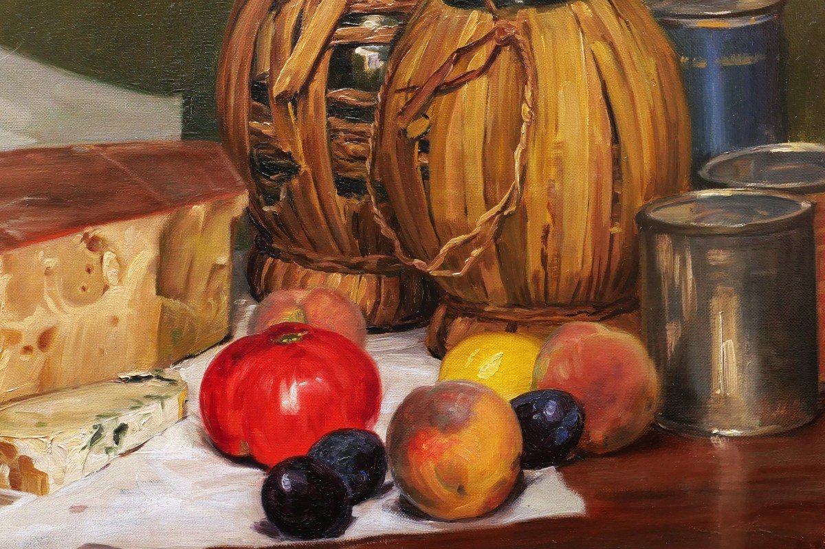 Josef Klemens Kaufmann, Still Life With Fruits And Vegetables, Cheese, Boxes, Wines And Sausage-photo-3