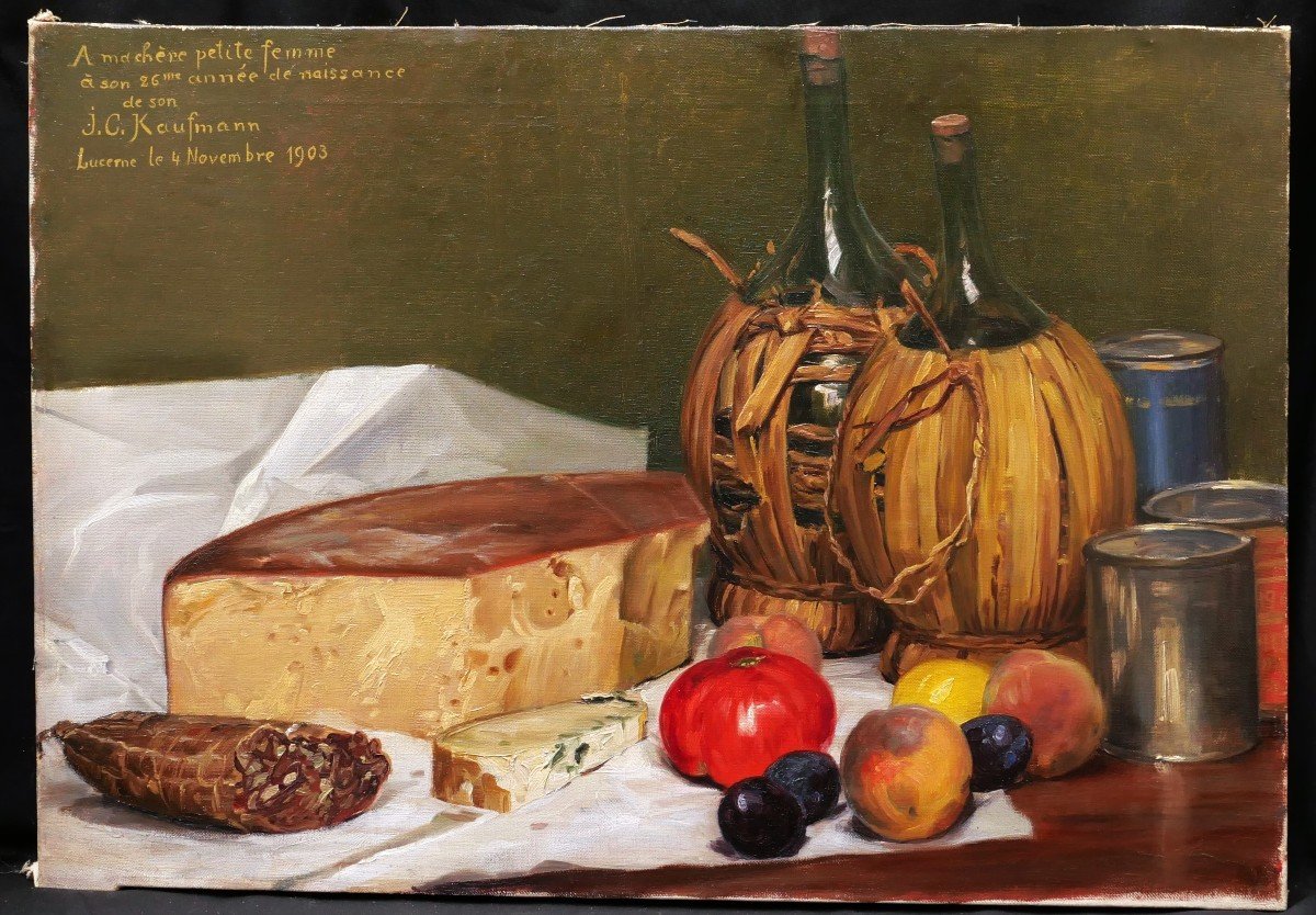 Josef Klemens KAUFMANN, Nature morte aux fruits et légumes, fromage, boîtes, vins et saucisson-photo-1