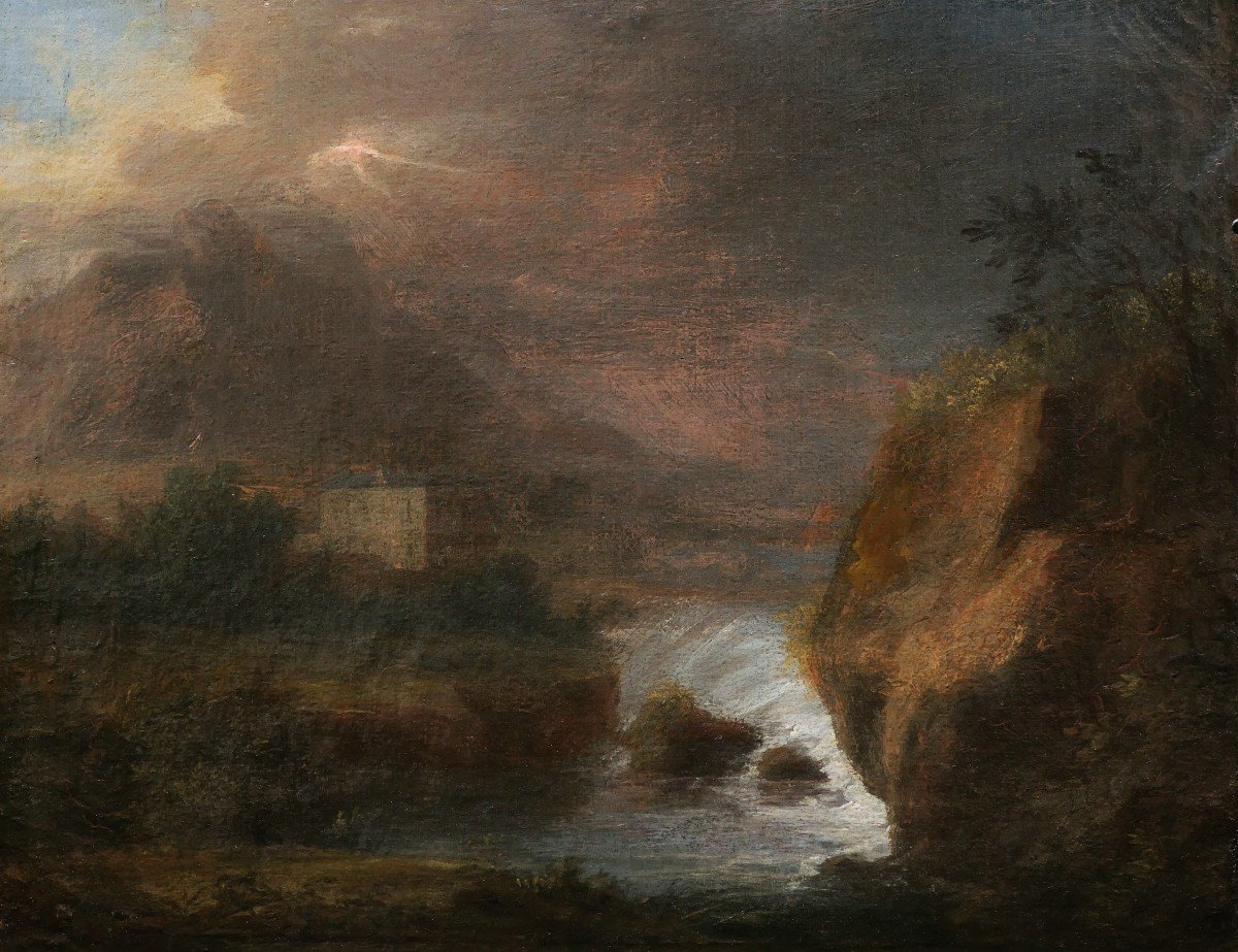 French School From The Beginning Of The 19th Century, Romantic Mountain Landscape With Waterfall