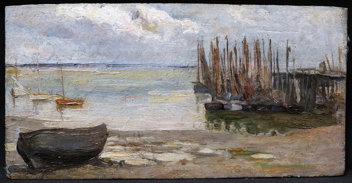 Attributed To Jean-baptiste Jules Trayer, Fishing Boats At Anchor, Brittany-photo-4