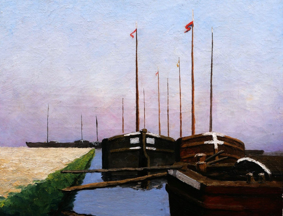 Maurice Louis DAINVILLE,  Paysage aux péniches, peut-être en baie de Somme-photo-2