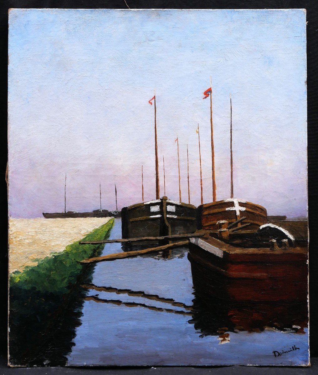 Maurice Louis DAINVILLE,  Paysage aux péniches, peut-être en baie de Somme-photo-1