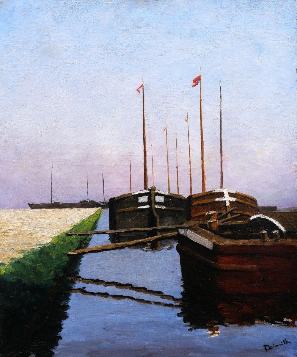 Maurice Louis DAINVILLE,  Paysage aux péniches, peut-être en baie de Somme