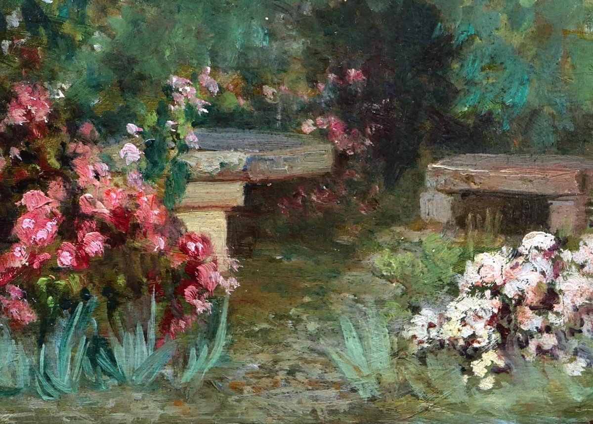 École FRANÇAISE du XIXème siècle, Table et banc de pierre dans un jardin fleuri-photo-2