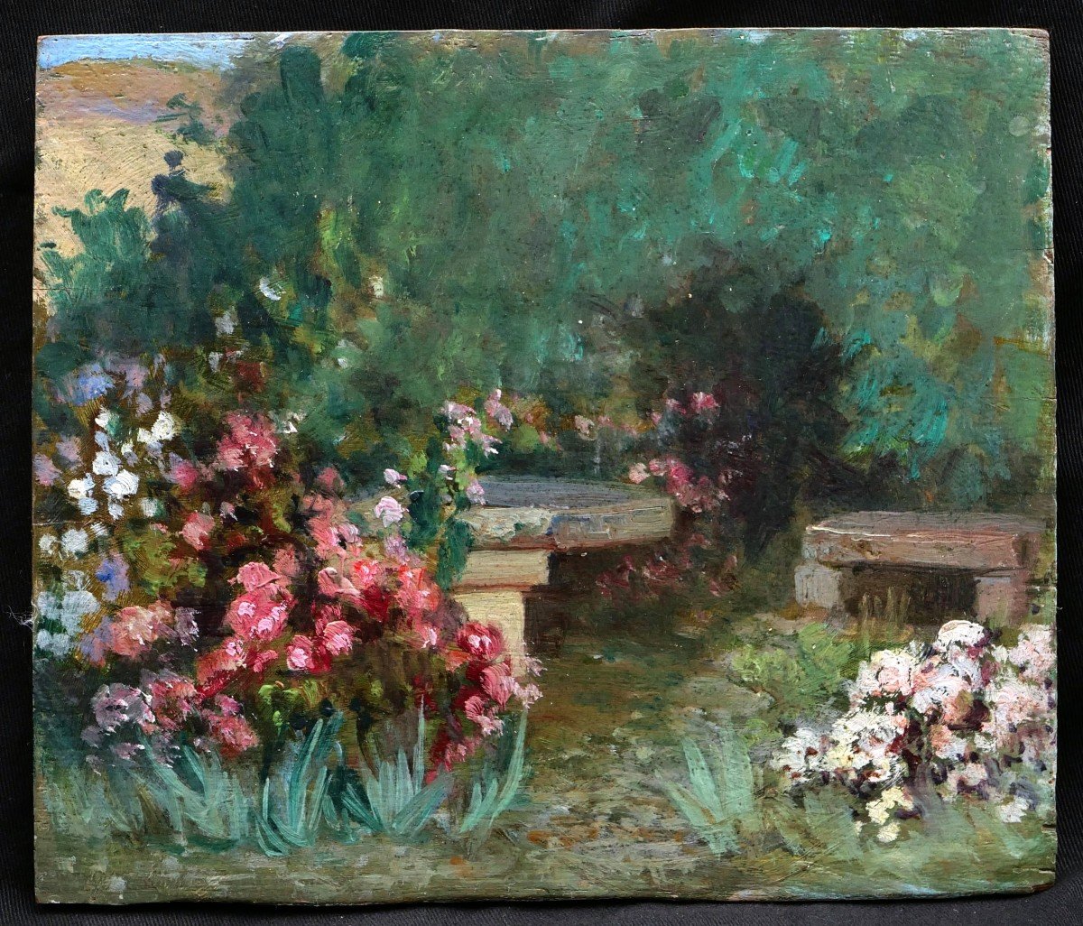 École FRANÇAISE du XIXème siècle, Table et banc de pierre dans un jardin fleuri-photo-3