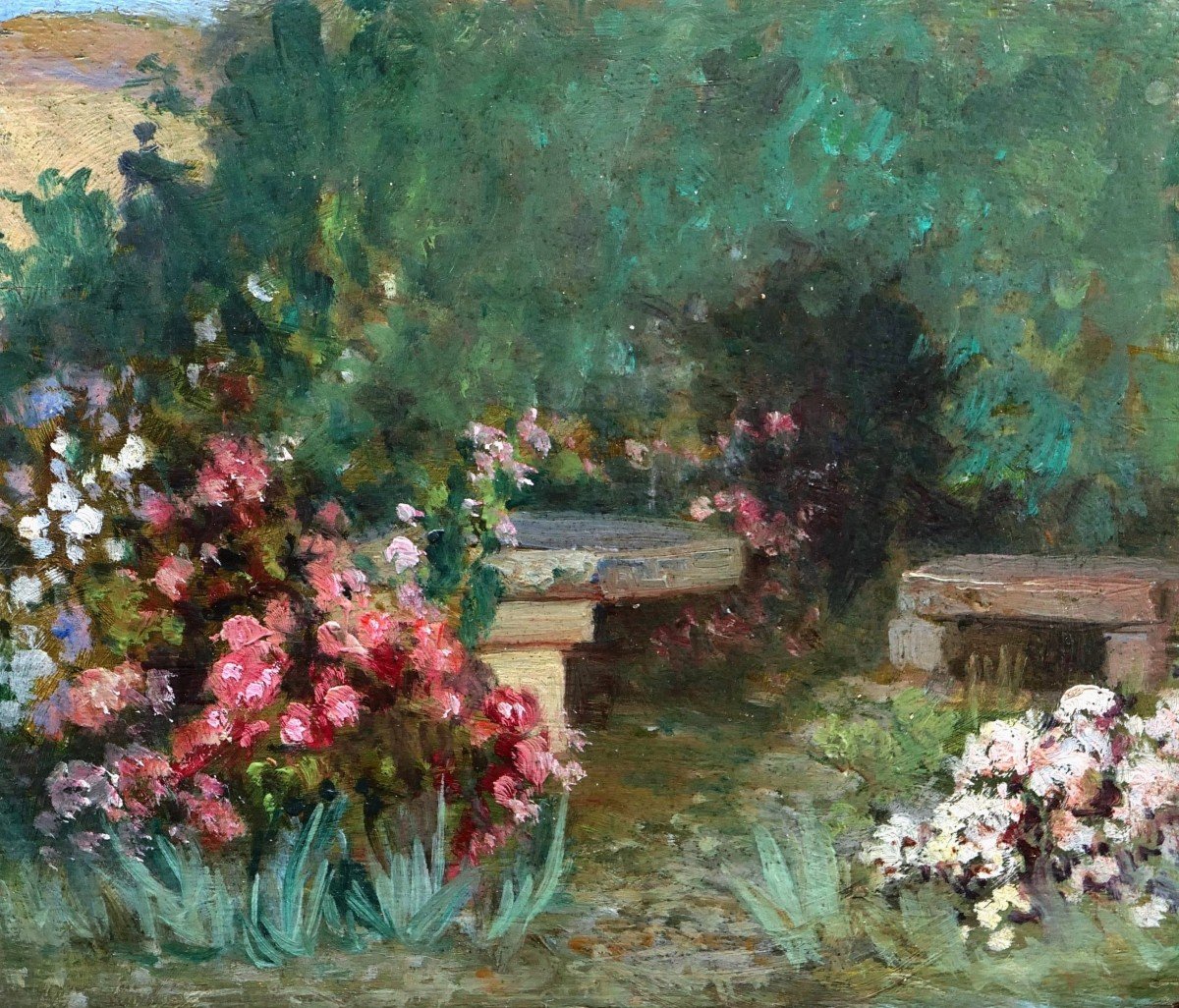 École FRANÇAISE du XIXème siècle, Table et banc de pierre dans un jardin fleuri