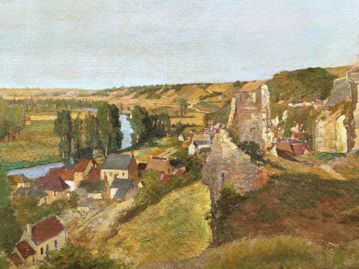 École FRANÇAISE fin XIXème siècle, Village et ruines sur les coteaux d'une rivière-photo-2