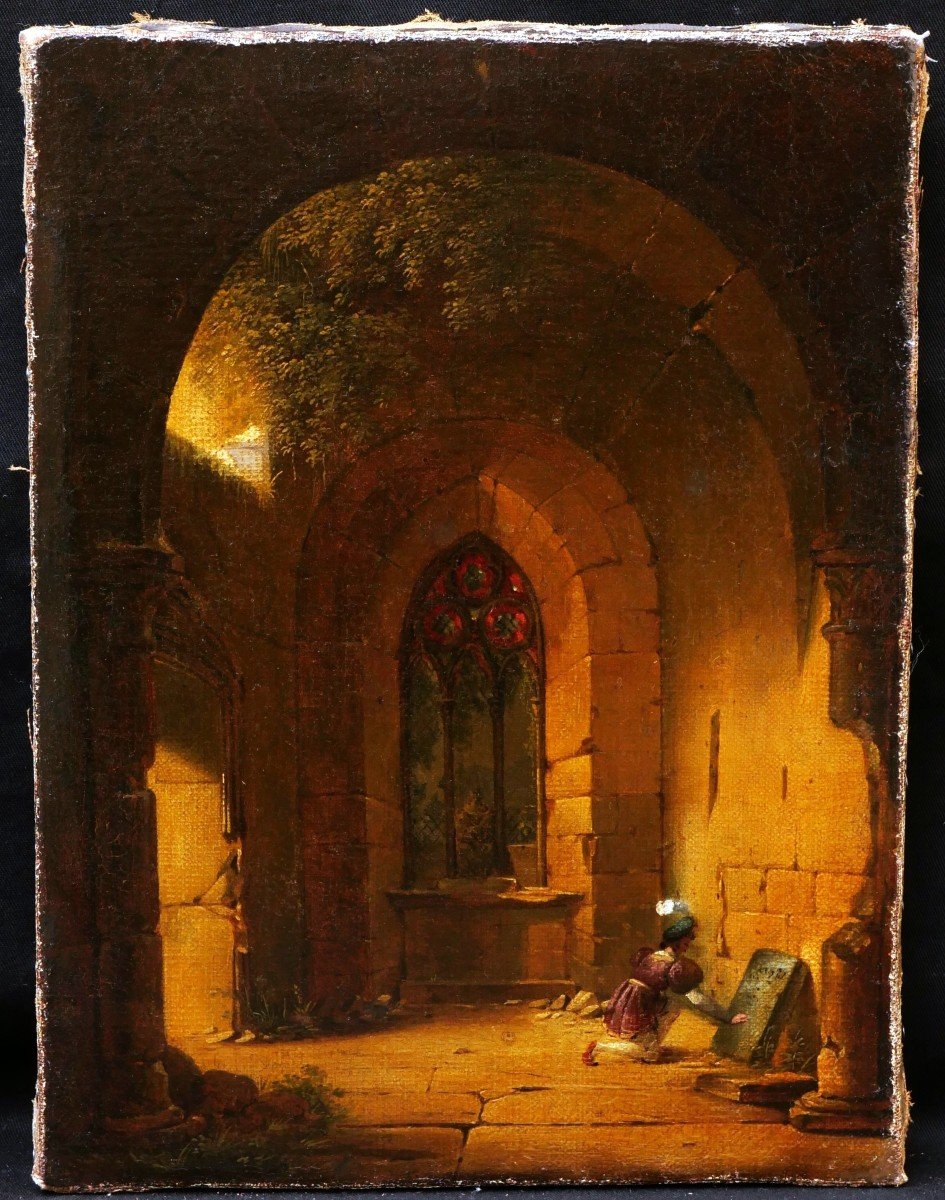 French School, First Quarter Of The 19th Century, Gentleman Kneeling In A Chapel-photo-3