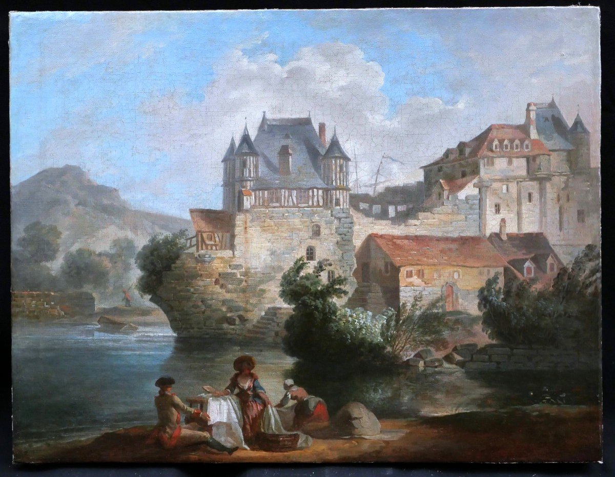 École FRANÇAISE du XVIIIème siècle, Paysage animé devant une ville fortifiée en bord de rivière-photo-4