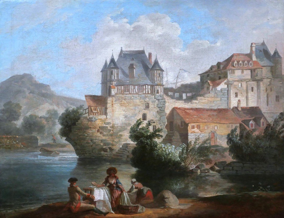 École FRANÇAISE du XVIIIème siècle, Paysage animé devant une ville fortifiée en bord de rivière