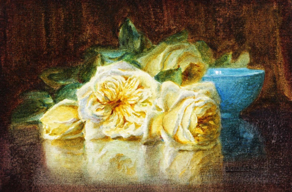 Isidore Rosenstock, Yellow Roses And Turquoise Bowl