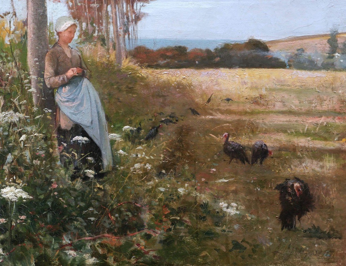 Paul Léon Gagneau, Young Breton Woman Looking After Turkeys By The Sea-photo-2