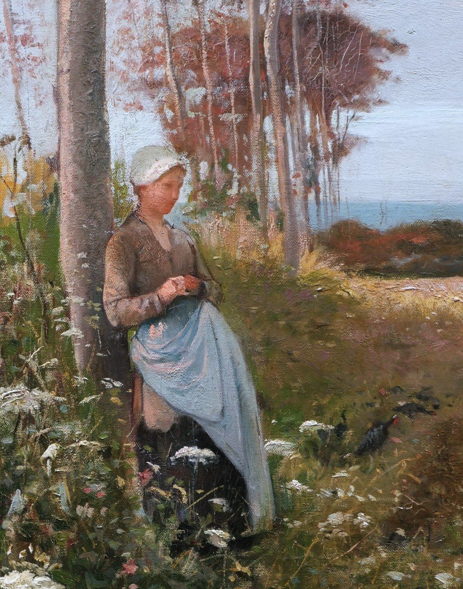 Paul Léon Gagneau, Young Breton Woman Looking After Turkeys By The Sea-photo-3