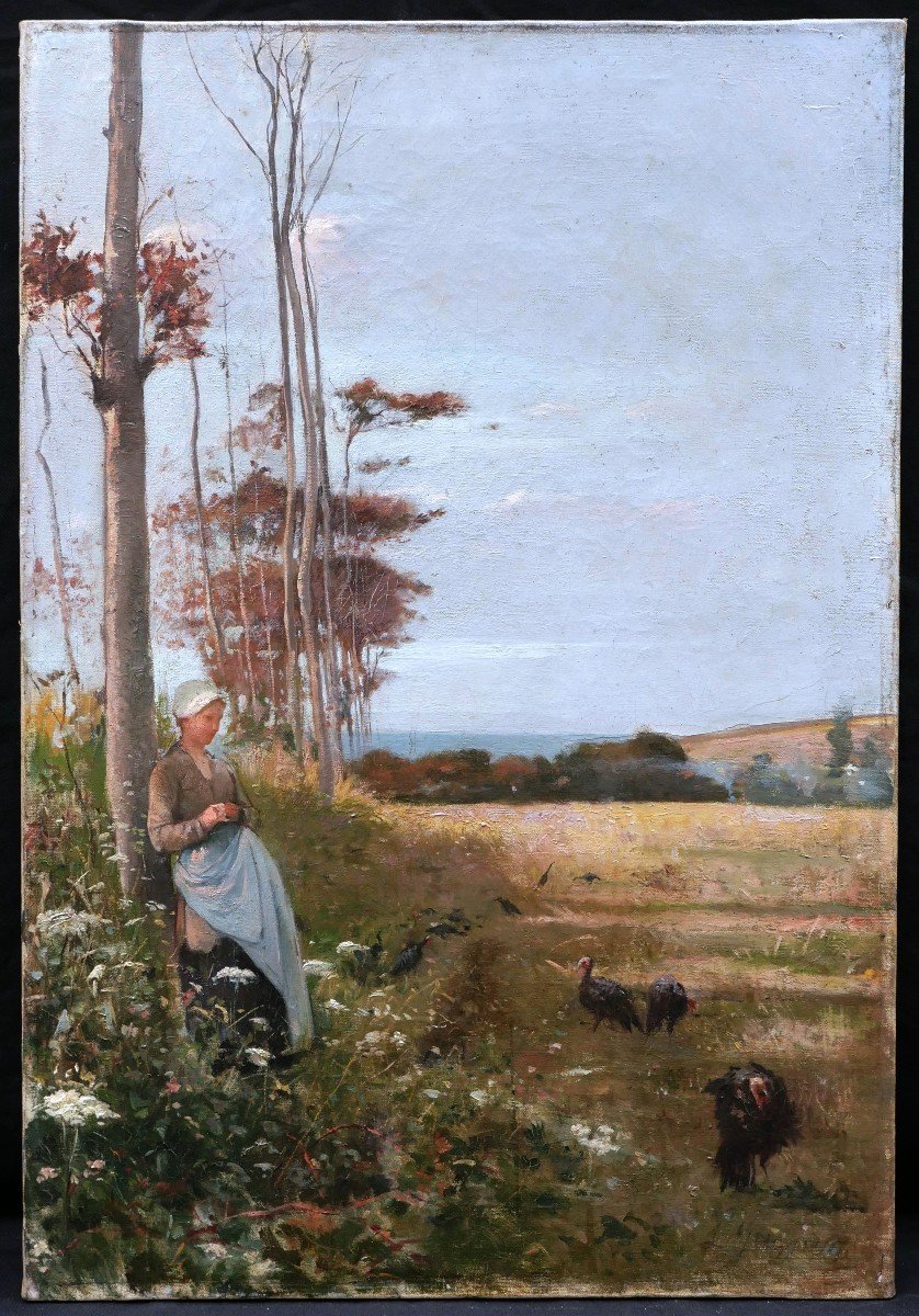 Paul Léon Gagneau, Young Breton Woman Looking After Turkeys By The Sea-photo-2