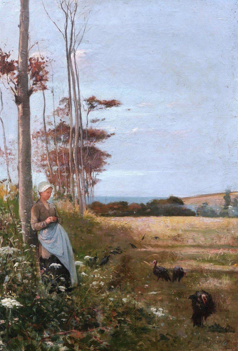 Paul Léon Gagneau, Young Breton Woman Looking After Turkeys By The Sea