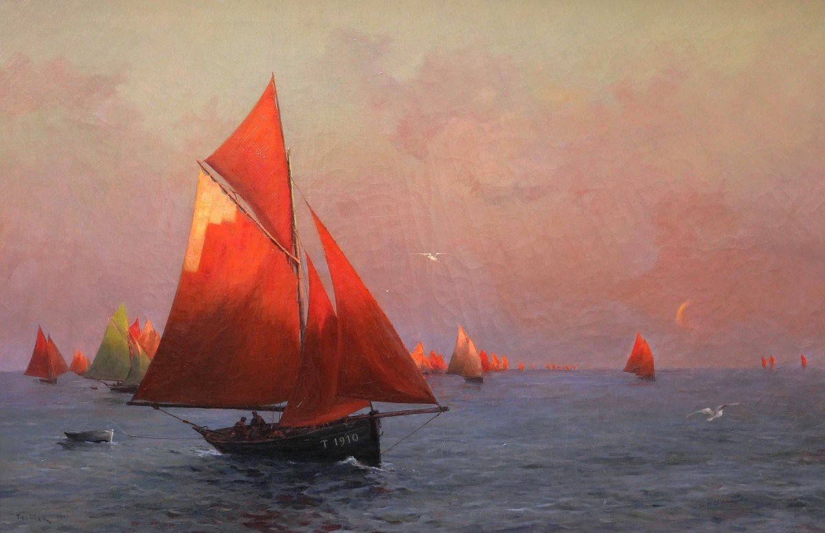 Louis-adolphe Tessier, The Departure Of The Fishermen At Dawn, Brittany (large Format)