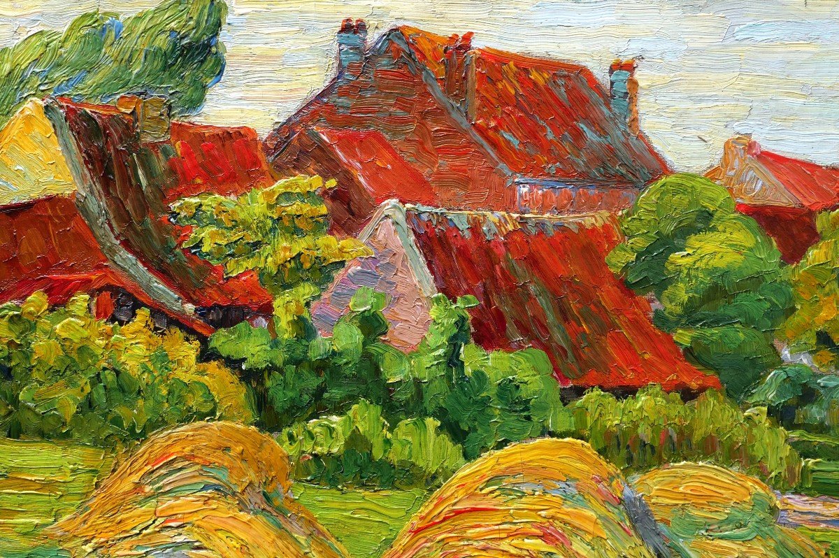 French Fauvist School Circa 1910, Countryside Corner With Red Roofs And Haystacks-photo-2