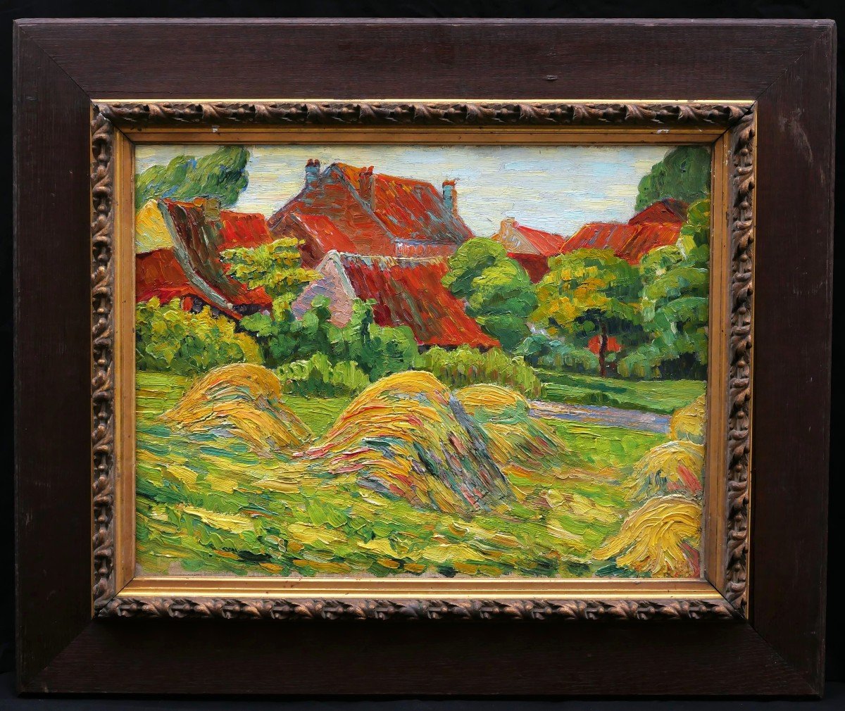 French Fauvist School Circa 1910, Countryside Corner With Red Roofs And Haystacks-photo-4