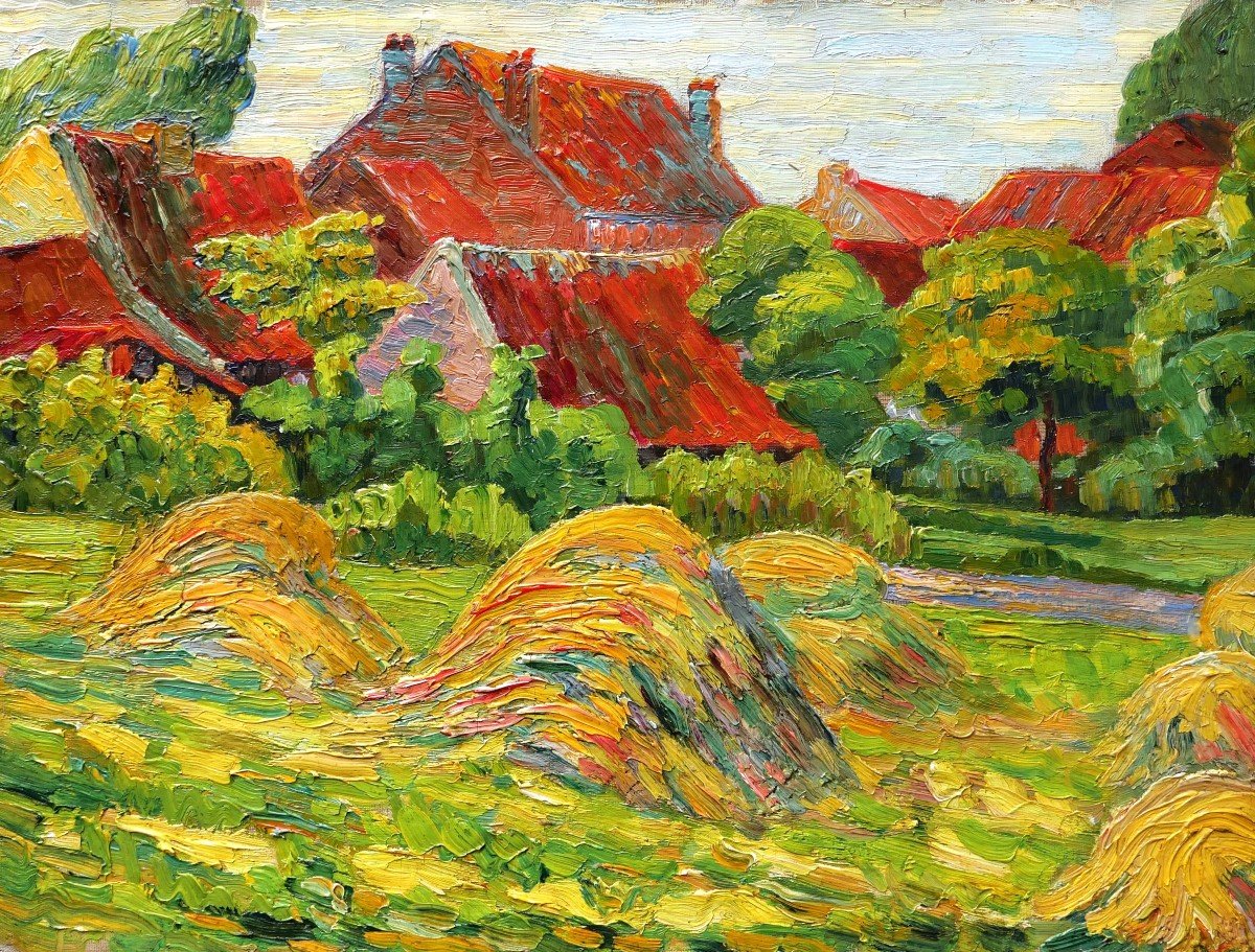 French Fauvist School Circa 1910, Countryside Corner With Red Roofs And Haystacks