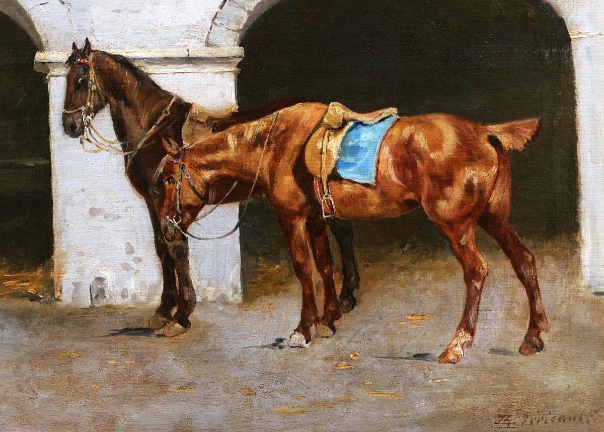 19th Century French School, Two Horses In The Stable-photo-2