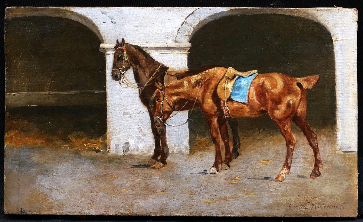 19th Century French School, Two Horses In The Stable-photo-4