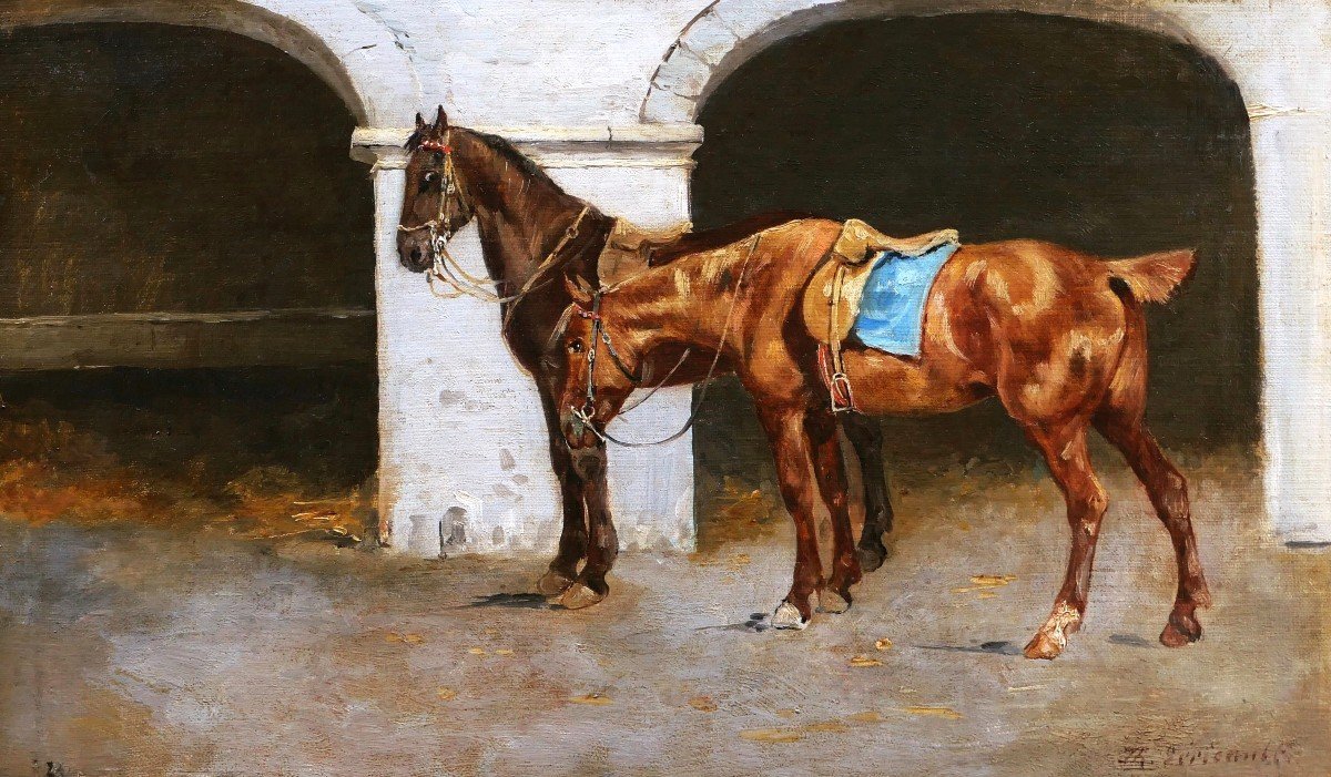 19th Century French School, Two Horses In The Stable