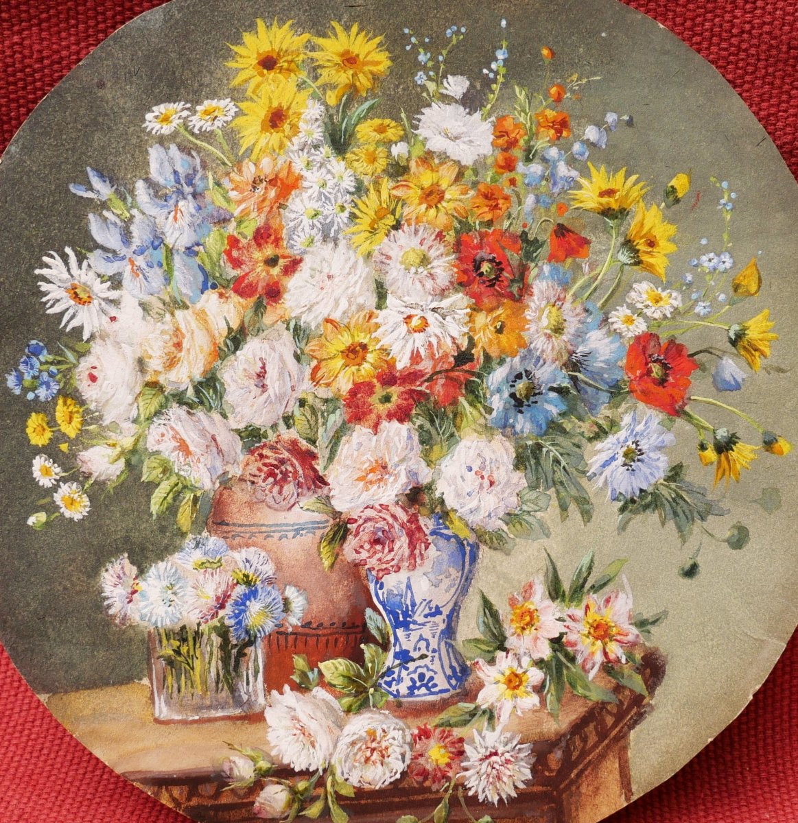 French School Circa 1900, Still Life With Flowers On A Ledger-photo-2