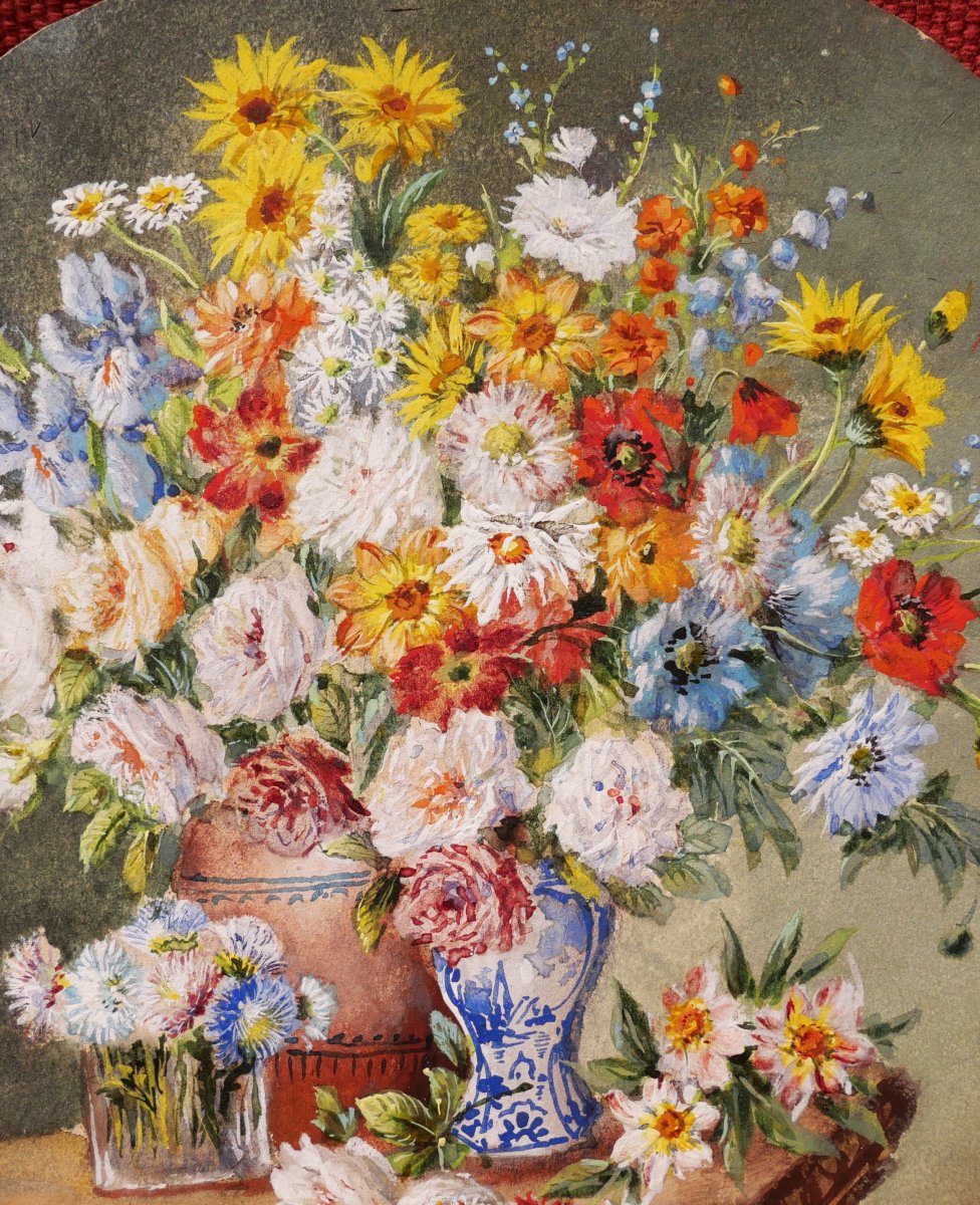 French School Circa 1900, Still Life With Flowers On A Ledger-photo-3