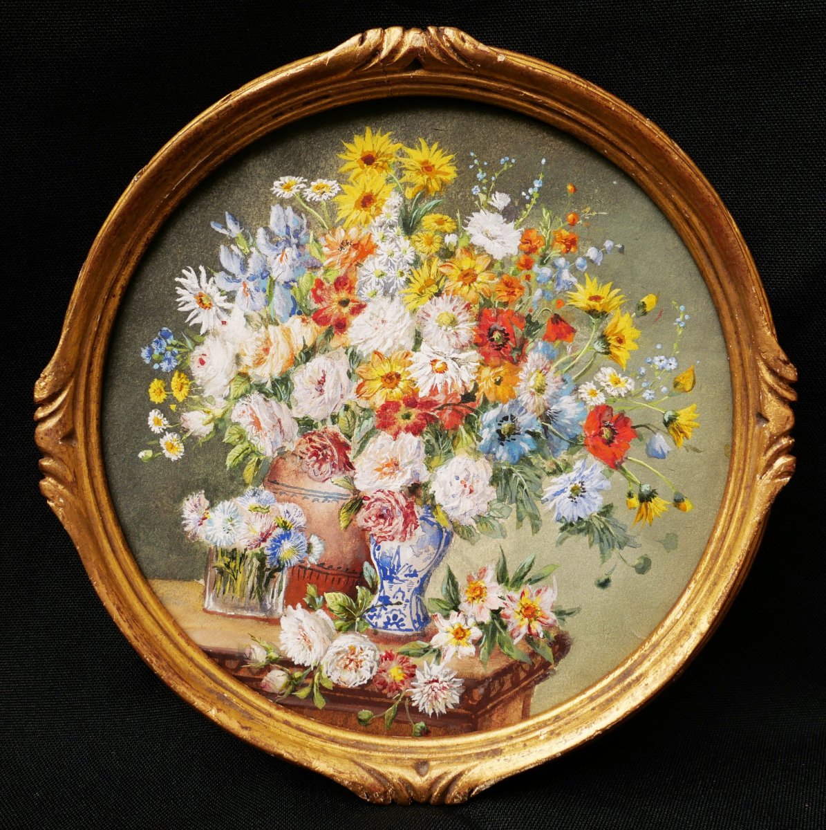 French School Circa 1900, Still Life With Flowers On A Ledger-photo-1