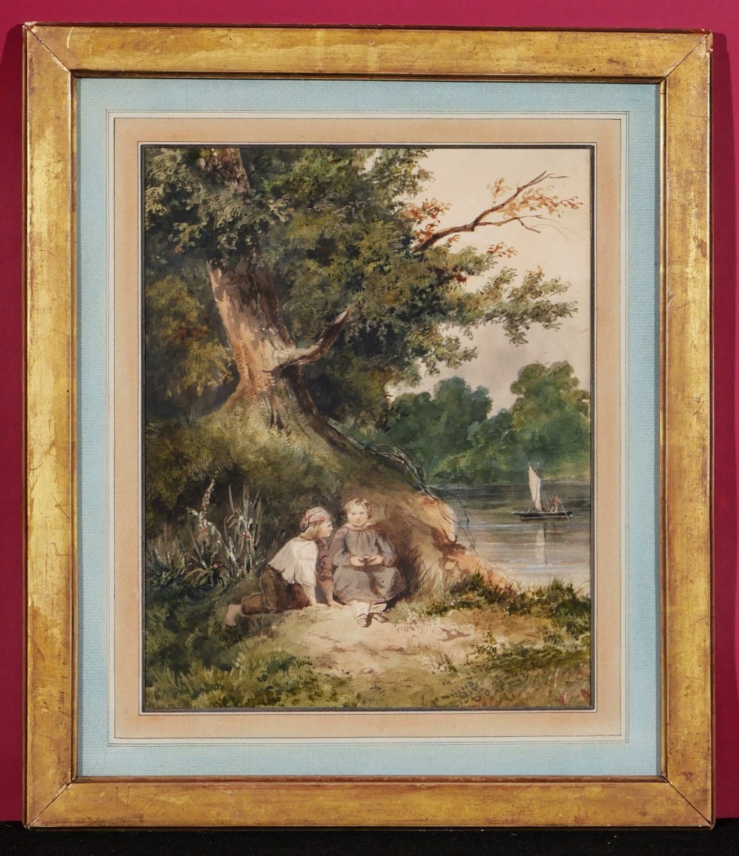 École FRANÇAISE romantique, circa 1830 - 1840, Deux enfants au bord d'une rivière-photo-2