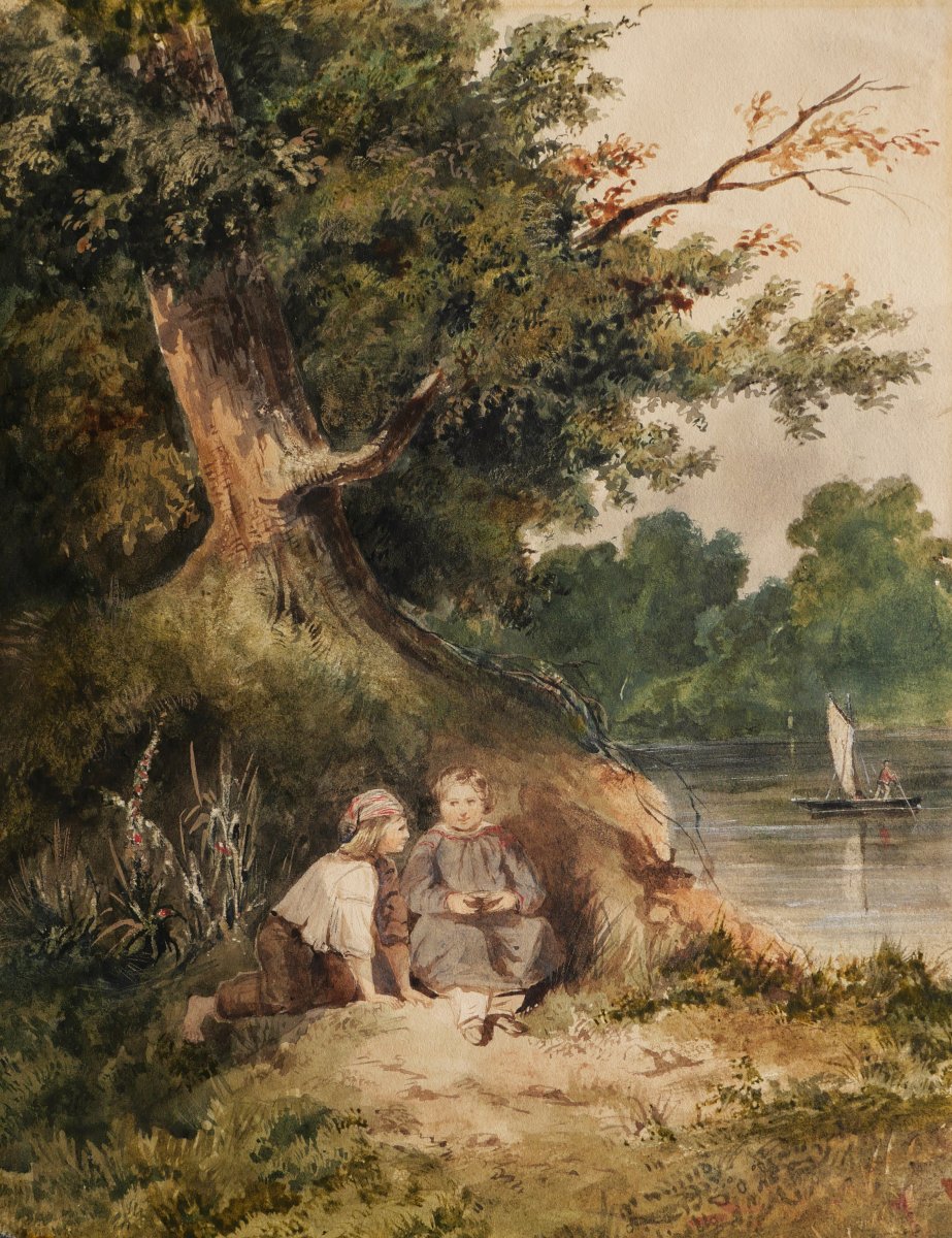 École FRANÇAISE romantique, circa 1830 - 1840, Deux enfants au bord d'une rivière