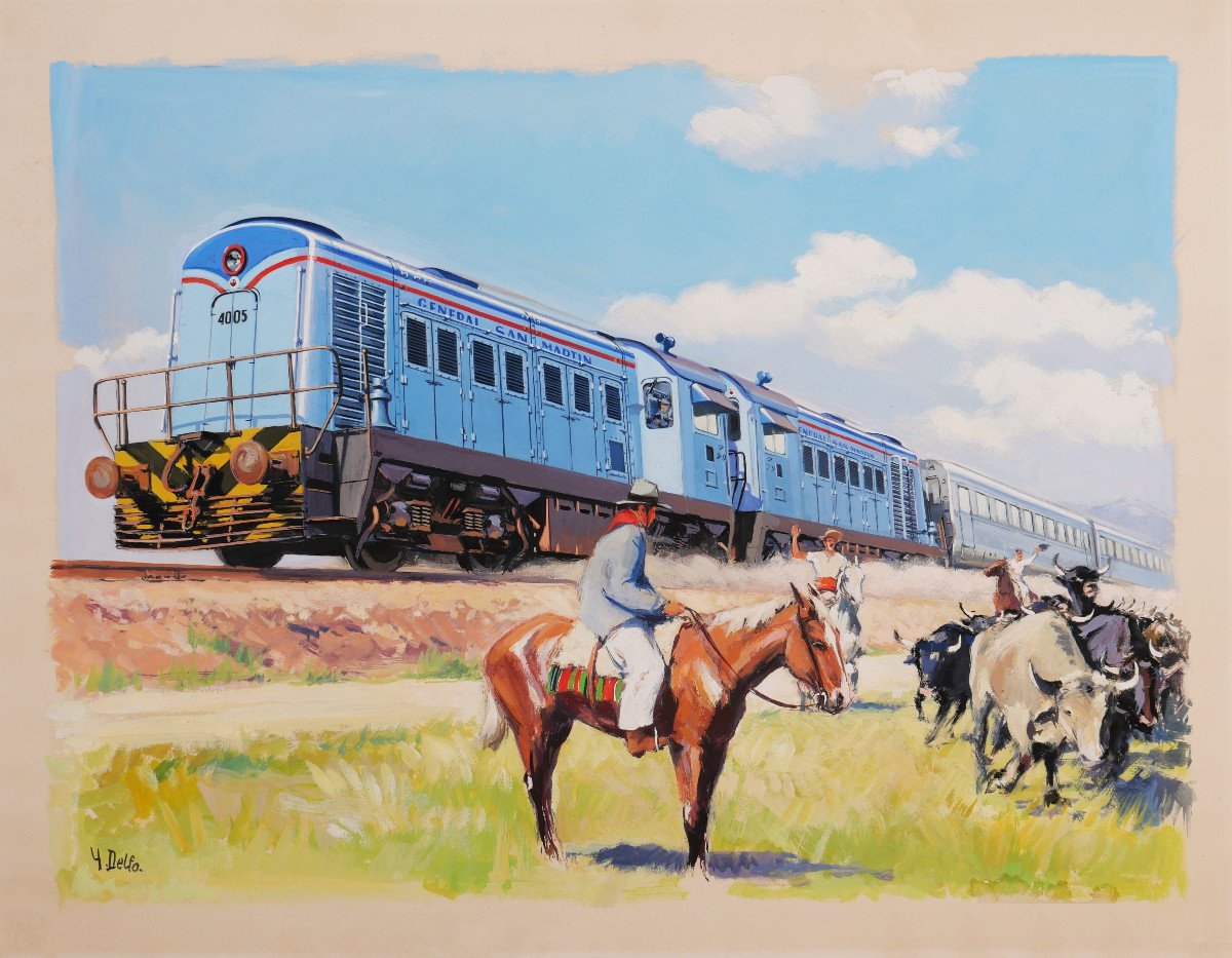 Yves DELFO,  Le train de la General San Martín et deux gauchos dans la campagne argentine-photo-1
