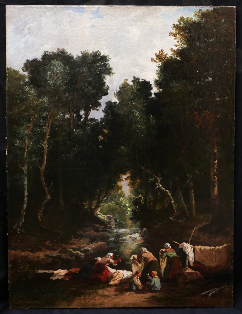 Louis BOULANGÉ, Paysage aux lavandières en forêt de Fontainebleau (grand format)-photo-4