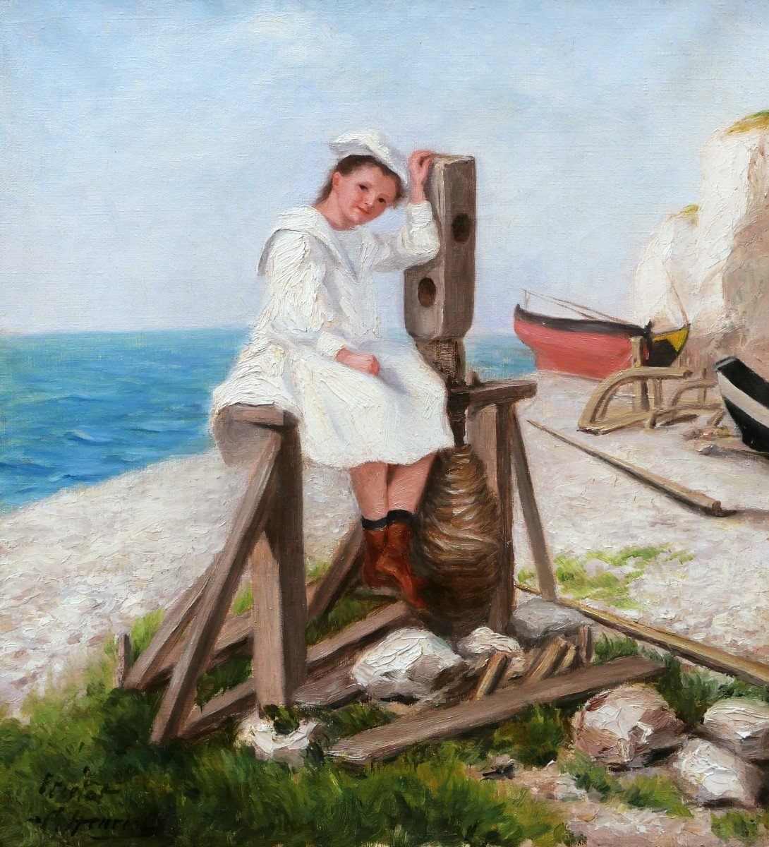 C. HENRIOL, Fillette sur un cabestan à Étretat