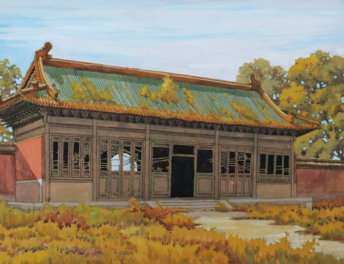 École FRANÇAISE ou CHINOISE circa 1930-1940, Neuf vues de temple ou de palais en Chine-photo-3