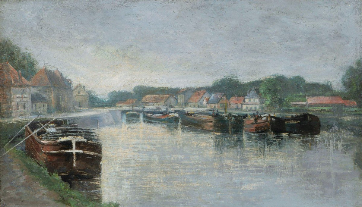 French School Circa 1890, Barges Moored On The Seine