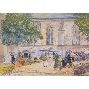 Pierre Léonce Furt, Market Scene In Brittany, Watercolor