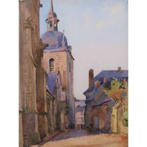 André Alfred DEBERGUE, Vue du clocher de l'église Notre-Dame à Josselin