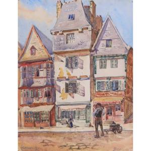 André Alfred Debergue, Animated Street In Lannion In Brittany