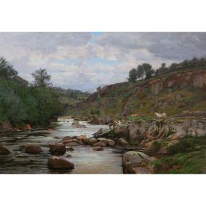 Jules ROUSSET, Vaches s'abreuvant à la rivière dans un paysage montagneux (GRAND FORMAT)