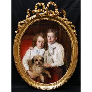 Lucien Hector JONAS, Portrait de deux enfants avec leur chien