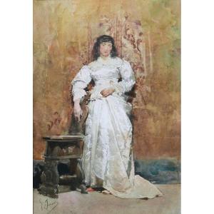Gustavo SIMONI, Femme en robe blanche dans un intérieur Renaissance