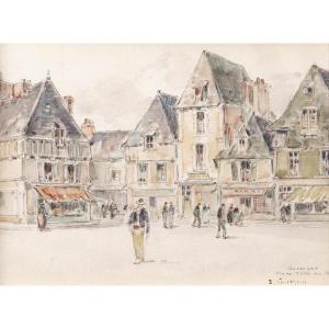 Ernest Germain VAUTHRIN, Vue animée de la Place Terre au Duc à Quimper