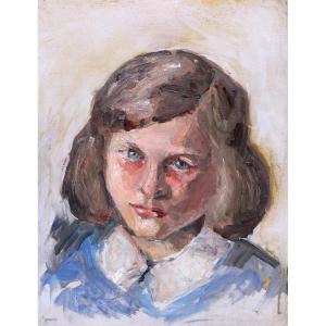 French School Circa 1930, Portrait Of A Little Brunette Girl With Blue Eyes
