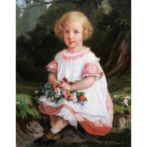 Timoléon Marie Lobrichon, Portrait Of A Little Blonde Girl With Blue Eyes
