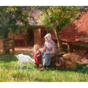 Bernard Jean Corneille POTHAST, Paysanne et sa fille dans une cour de ferme ensoleillée à Laren