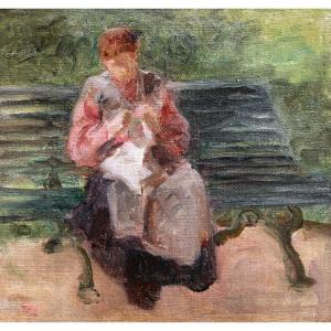Gustave POETZSCH, Femme cousant sur un banc public