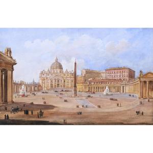 Vincenzo Giovannini, Lively View Of St. Peter's Square In Rome