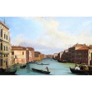 École ITALIENNE circa 1880, d'après le CANALETTO, Vue animée sur le Grand Canal